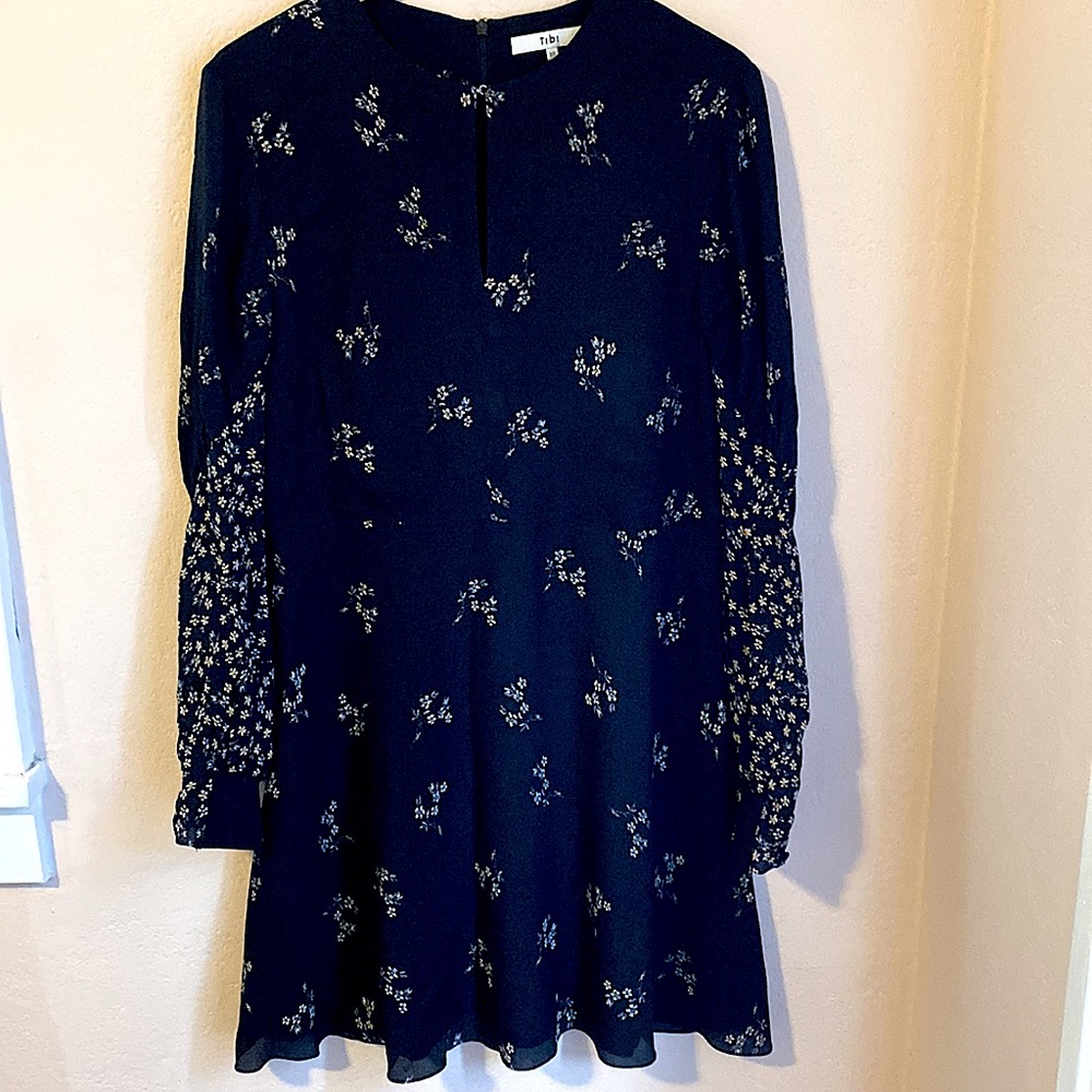 Tibi Florence black ruched sleeve fit flare floral short dress size 10 - Picture 5 of 13